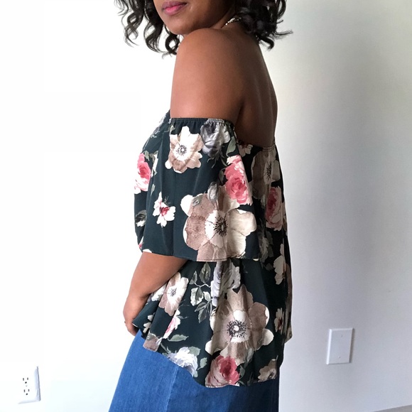 LAST! • Green Floral Short Sleeve Off Shoulder Top - Picture 2 of 4